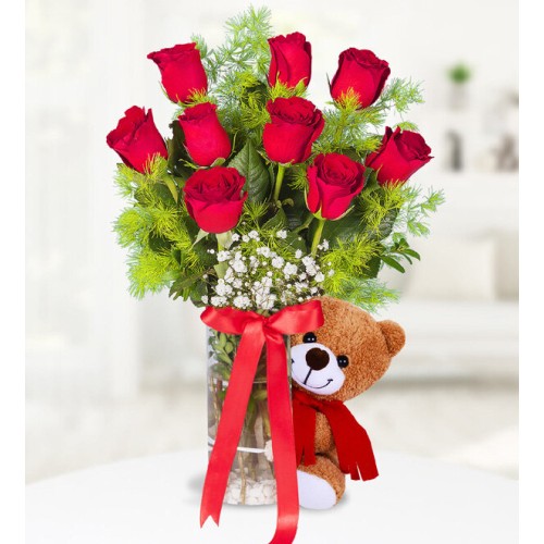 9 Red Rose in Vase with Teddy Beer